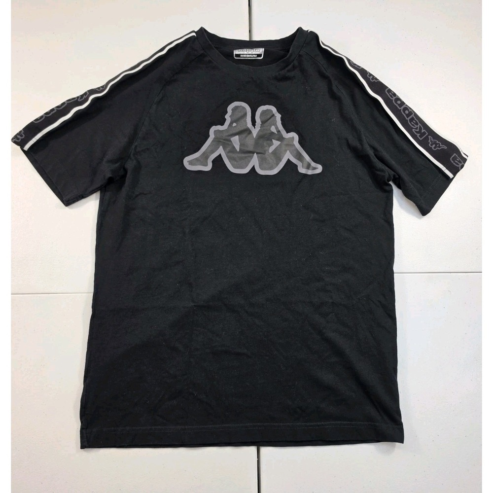 KAPPA Men's Big Logo Tape Short Sleeve T-Shirt Large Black Gray Crew Neck Medium